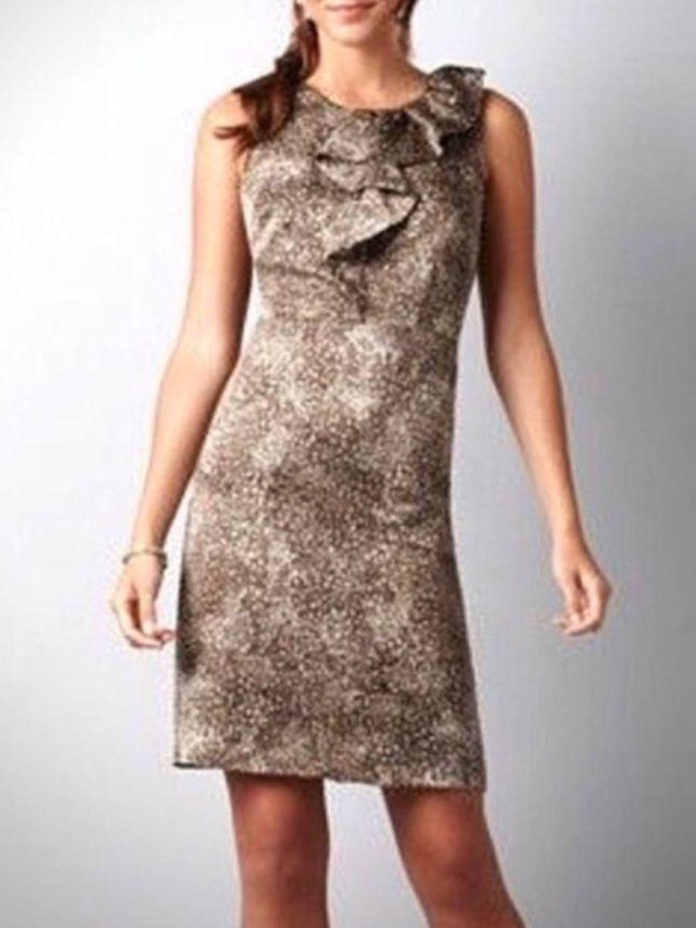 LOFT Brown Speckled Ruffle-Front Mini Dress